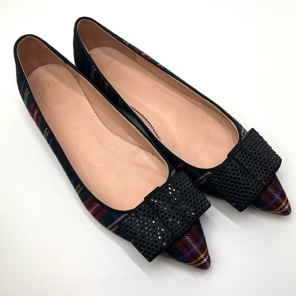 J. Crew Shoes - J. Crew Pointy Toe Tartan Plaid Flats with Crystal Embellished Bow